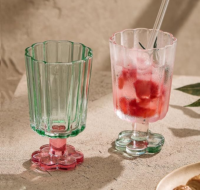 Tall Ripple Drinking Glasses Set of 2 (Pink & Green), Flower Petal Style Glass Goblet, Suitable for Juice, Ice cream, Cocktails, Dessert & More.