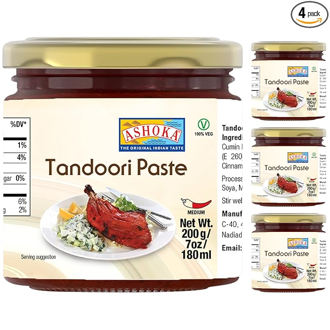 Ashoka Authentic Indian Tandoori Paste | Vegan | Kosher | Gluten-Free | Great for Chicken Tikka, Cheese Tikka, BBQ | Easy-to -Use Cooking Spice Paste | Since 1932 | 200 Grams (Pack of 4)