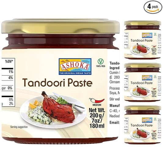 Ashoka Authentic Indian Tandoori Paste | Vegan | Kosher | Gluten-Free | Great for Chicken Tikka, Cheese Tikka, BBQ | Easy-to -Use Cooking Spice Paste | Since 1932 | 200 Grams (Pack of 4)