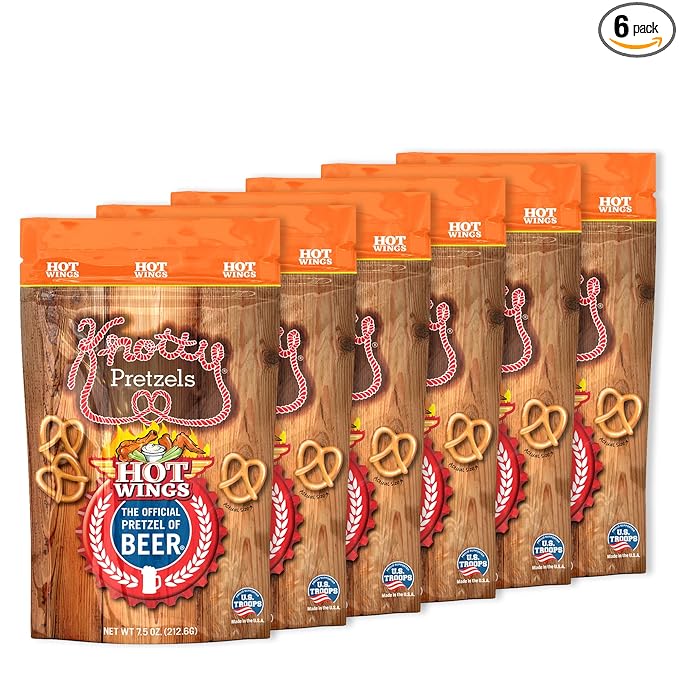 Knotty Pretzels ?쏷he Official Pretzel of Beer??7.5 oz Individual Seasoned Pretzels in Resealable Pretzel Snack Bags, The Perfect Pairing for Beer, Hot Wings Flavor (6-Pack)