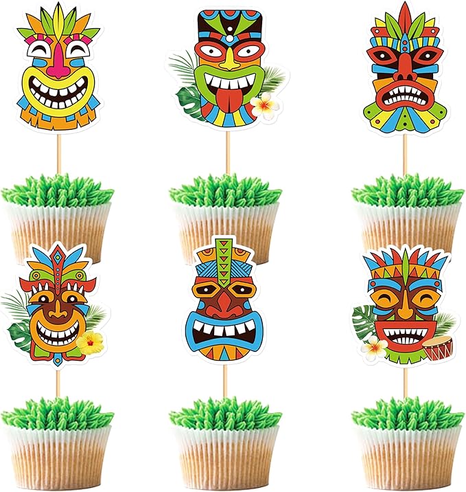 24Pcs Hawaiian Tiki Cupcake Toppers Tropical Totem Hawaiian Themed Party Decorations for Tropical Hawaii Aloha Party Supplies