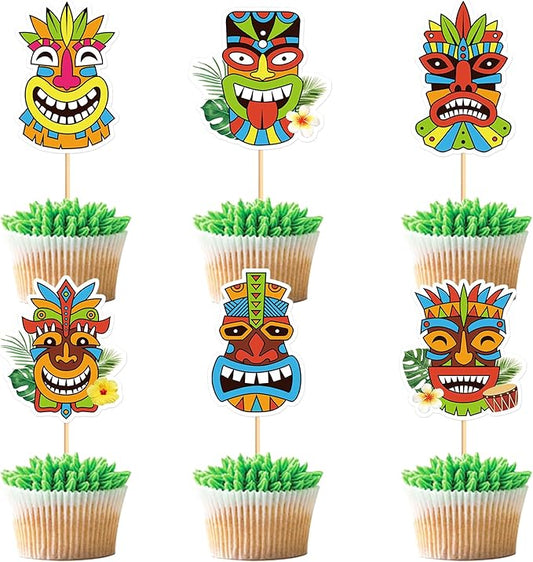 24Pcs Hawaiian Tiki Cupcake Toppers Tropical Totem Hawaiian Themed Party Decorations for Tropical Hawaii Aloha Party Supplies