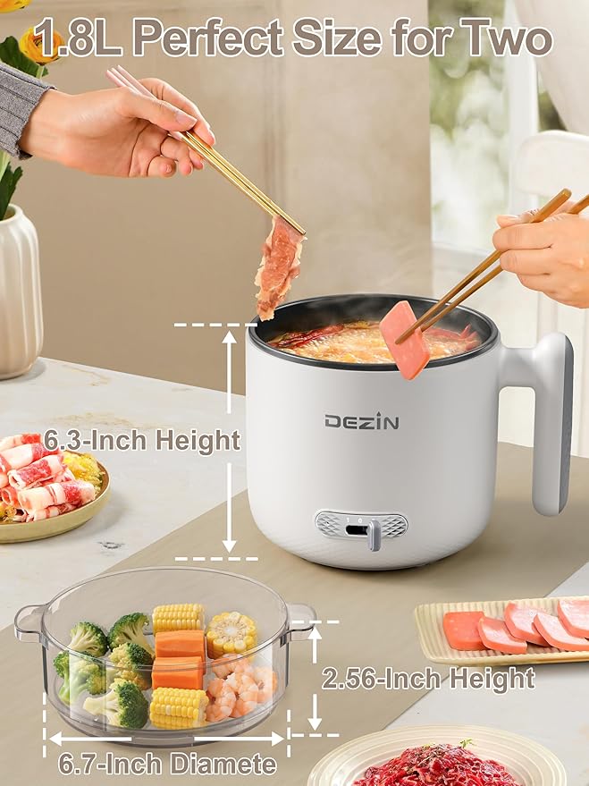 Dezin Hot Pot Electric with Steamer, 1.8L Ramen Cooker Dual Power, Portable Non-Stick Electric Pot for Soup, Pasta, Egg, Oatmeal, Overheat & Boil-Dry Protection, Ideal for Dorm, Office