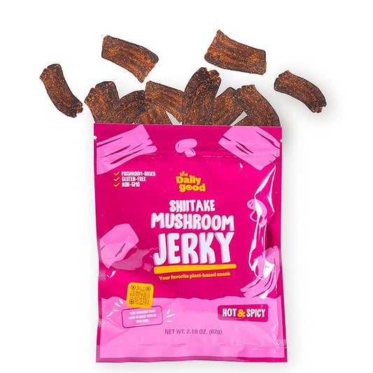 The Daily Good Mushroom Jerky - Single-Pack Snacks, Yummy High-Fiber Mushroom Snack, Meatless & Gluten-Free Food, Contains Eggs, Made from Shiitake Stalk, 0.58 lbs., Vegetarian, Hot & Spicy Flavor