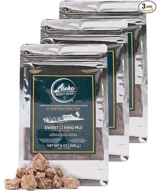 Aloha Right Now - Sweet Li Hing Mui Crack Seed Dried Plums - 8 oz (Pack of 3) - Li Hing Mui Candy for Snacking & Flavoring any Iced Beverage - Preserved Sweet Sour & Salty Asian Fruit Plum Seeds, Hawaiian Snacks
