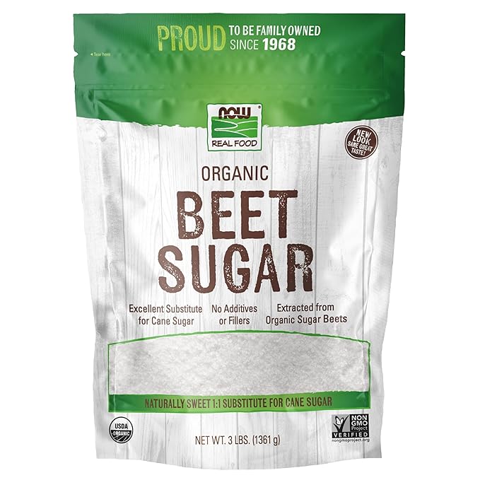 NOW Foods, Certified Organic Beet Sugar, Extracted from Organic Sugar Beets, Excellent Substitute for Cane Sugar, No Additivies or Fillers, Certified Non-GMO, 3-Pound (Packaging May Vary)