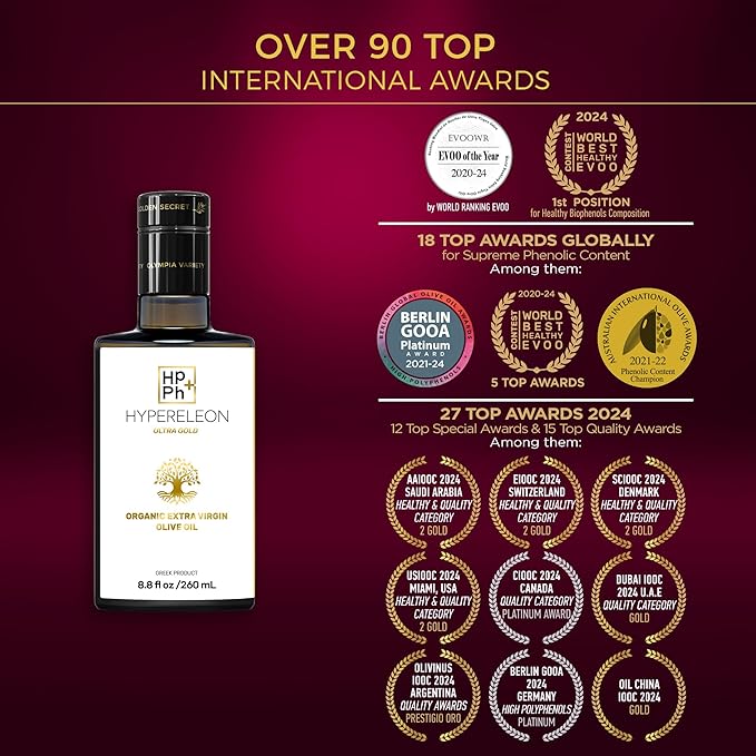 HYPERELEON ULTRA GOLD | Premium, Organic, Supremely High Phenolic, Greek Extra Virgin Olive Oil 100% Pure & Natural | Bio & Unfiltered | 120 Top Global Awards | 260ml (Pack of 2)