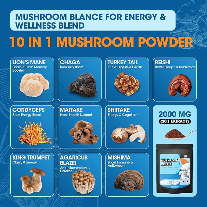 B BEWORTHS Mushroom Coffee, Mushroom Coffee Powder with Ashwagandha, L-theanine, Lion's Mane, Reishi, Chaga, Cordyceps, Turkey Tail, Ginseng - Mixed Arabica Instant Coffe Support Immune, Brain, Focus