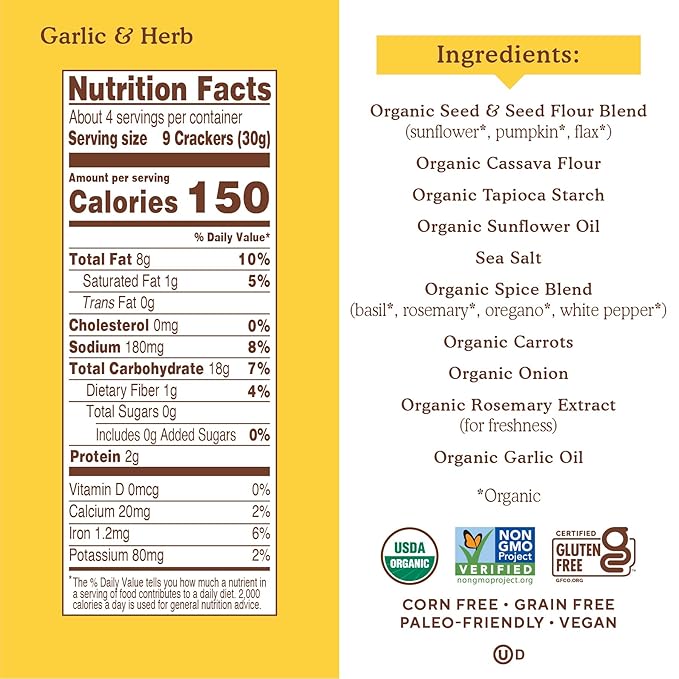 Simple Mills Organic Seed Crackers, Garlic & Herb - Gluten Free, Vegan, Healthy Snacks, Paleo Friendly, 4.25 Ounce (Pack of 1)