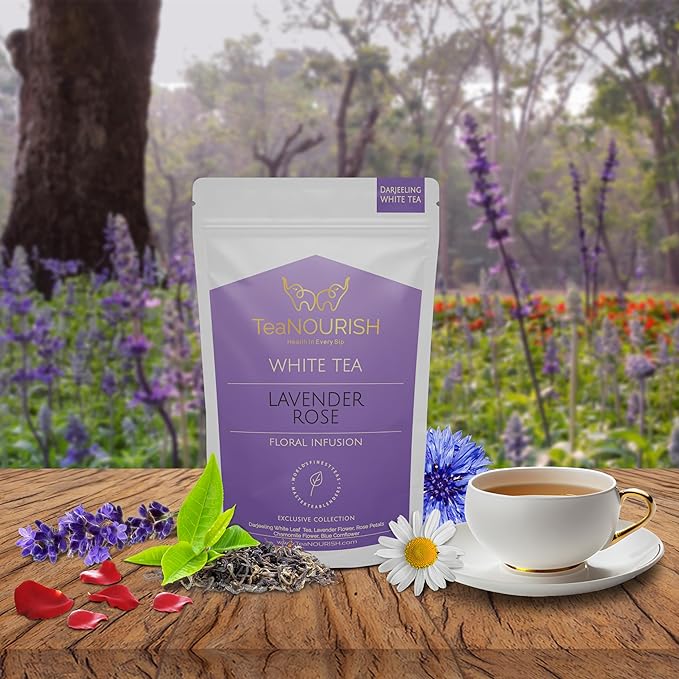 TeaNOURISH Lavender Rose White Tea | Darjeeling Silver Needles White Loose Leaf Tea Blended with Lavender, Rose Petals, Chamomile & Blue Cornflower - 1.76oz/50g