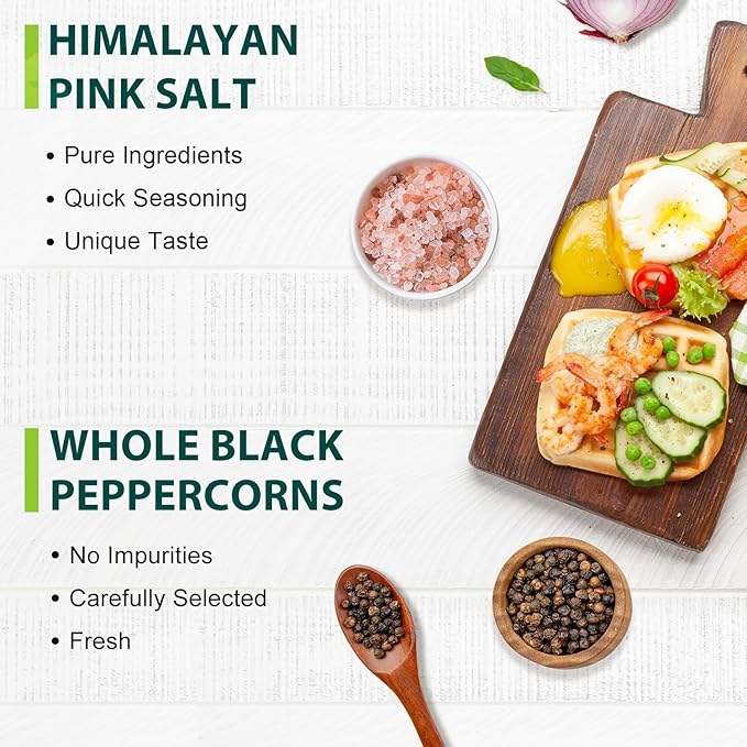 Soeos Himalayan Pink Salt Coarse 39 oz + Organic Black Peppercorns 18 oz, Salt for Grinder Refill, Salt and Peppercorns, Pepper Grinder Refill, Non-GMO Spice Seasoning Set For Cooking