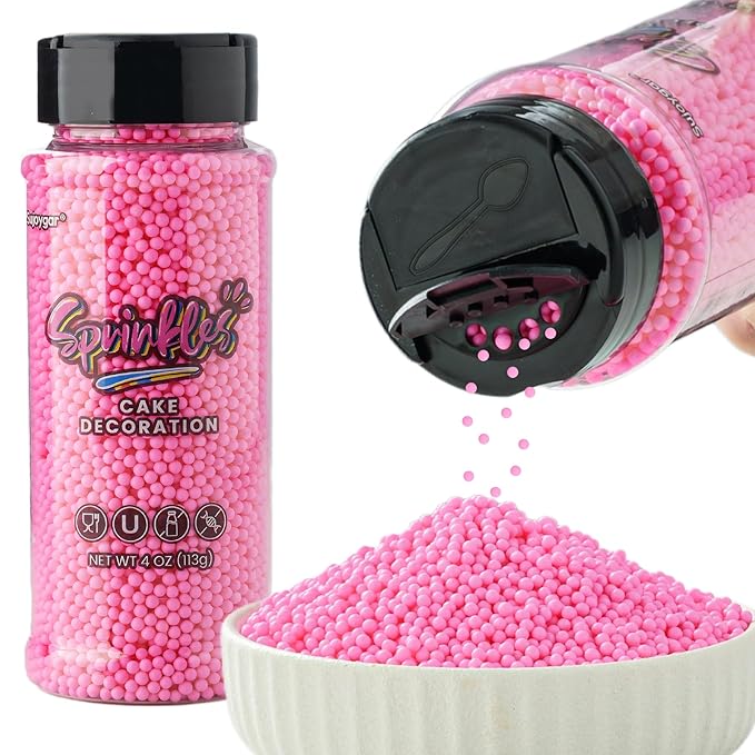 Pink Nonpareils Sprinkles, Sujoygar 4oz Edible Cake Sprinkles for Ice Cream Toppings Cupcake Chocolate Decoration, Wedding Party Cookies Baking Dessert Food Supplies