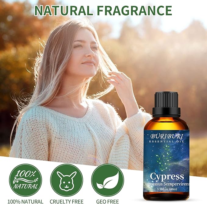BURIBURI 100ML Cypress Essential Oil, 100% Pure Undiluted Aromatherapy Cypress Oil 3.38fl.oz for Soap, Candle Making, Massage, Diffuser, Humidifier