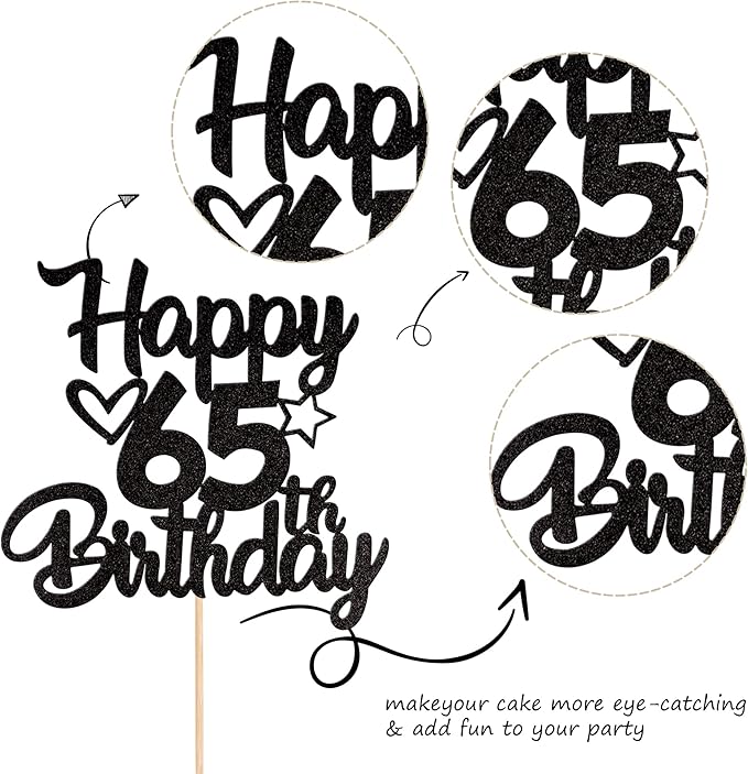 1 Pack Happy 65th Birthday Cake Topper Glitter Heart Star 65 Fabulous Cake Pick Birthday Sign Cake Decorations for Children 65th Birthday Theme Party Supplies Black