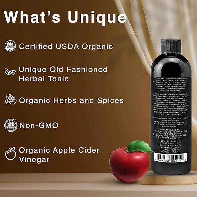Tonic Man Old Fashioned Organic Wellness Herbal Tonic Made with Raw Apple Cider Vinegar Organic Herbs and Spices Energize Body | Immunity Booster Non-GMO 16oz Bottle (Pack of 2)