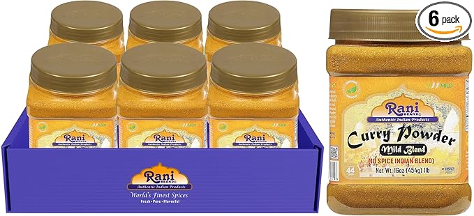 Rani Curry Powder Mild (10-Spice Authentic Indian Blend) 16oz (1lb) 454g PET Jar, Pack of 6 ~ All Natural | Salt-Free | NO Chili or Peppers | Vegan | Gluten Friendly | NON-GMO | Kosher | Indian Origin