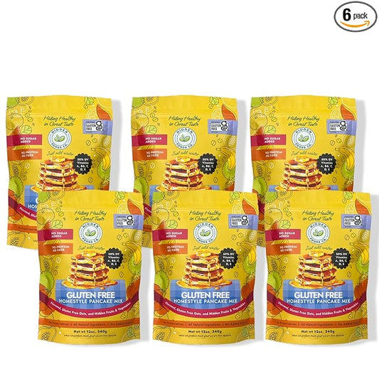 Hidden Foods Homestyle Gluten Free Protein Pancake Mix Oats, Fruit & Veggie Blend No Sugar Added Contains Milk Monk Fruit Sweetener Protein & Fiber Breakfast Meal Just Add Water - 12 oz - 6 Pack