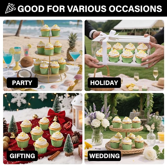 EUSOAR Cupcake Cups, 50pcs 3.5oz Muffin Cupcake Liners Disposable Ramekins, Aluminum Foil Wrappers Paper Dessert Containers Mini Cheesecakes Holders for Birthday Wedding Party-Light Green/Gold