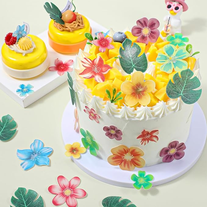 60 PCS Edible Flowers for Cupcakes Leaves and Flowers Hawaii Cupcake Toppers Tropical Turtle Leaves Flower Cupcake Picks Hawaiian for Hawaii Aloha Party Summer Jungle Theme Baby Shower