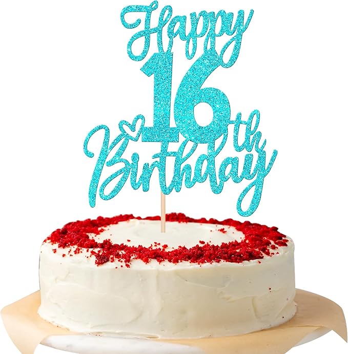 1 PCS Happy 16th Birthday Cake Topper Glitter Cheers to 16 Years Birthday Cake Pick Sixteen Sweet 16 Cake Decoration for Happy 16th Birthday Anniversary Theme Party Decorations Supplies Blue