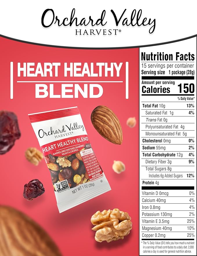 Orchard Valley Harvest Heart Healthy Blend, 1 Ounce Bags (Pack of 15), Almonds, Cranberries, Walnuts, and Chickpeas, Gluten Free, Non-GMO, No Artificial Ingredients, Healthy Snacks for Adults