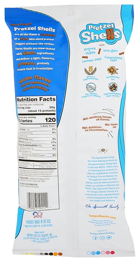 Unique Snacks Original Pretzel Shells, Delicious Homestyle Baked Snack Bag, Vegan, OU Kosher, and Non-GMO Food, No Artificial Flavor, 10 Oz. Bag, Pack of 6