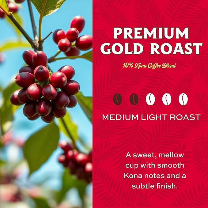 Lion Coffee Premium Gold Roast, 10% Kona Coffee Blend, Medium-Light Roast, A Taste of Aloha - Ground, 24 Ounce Bag