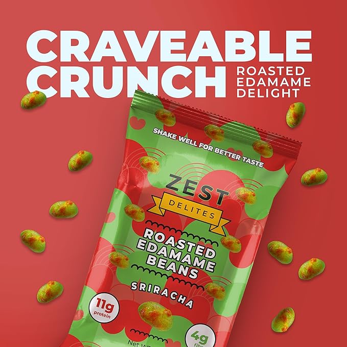 Crunchy Dry Roasted Edamame Beans Snack by Zest Delites, Sriracha, Vegan, Low Calorie (110cal) High Protein Snacks (11g), Low Carb, Keto, Gluten Free, 0.9 oz 24 Packs