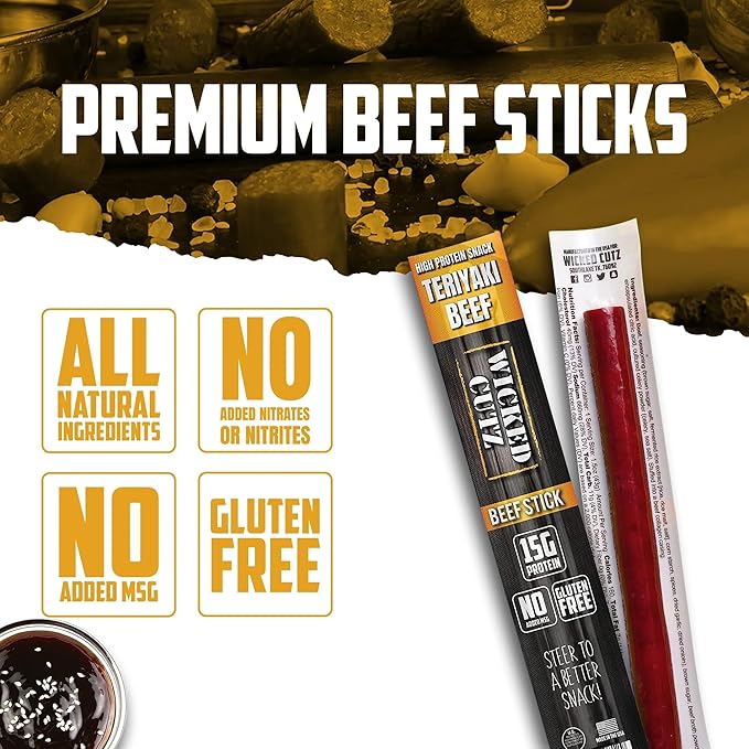Wicked Cutz Teriyaki Beef Sticks, 15g Protein Per Beef Stick, Tender & Juicy Extra Large Meat Stick, USA Made High Protein Meat Sticks, Carnivore Snacks (12 Pack)