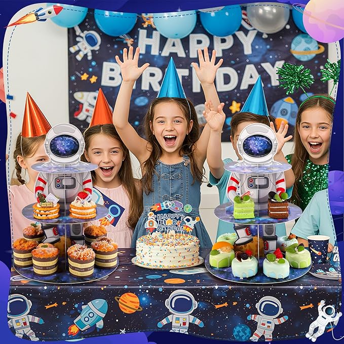 2 Pack Space Astronaut Cupcake Stand Space Themed Party Decorations 3 Tier Cupcake Holder Outer Space Party Decorations Astronaut Dessert Tower for Boys Kids Galaxy Birthday Supplies