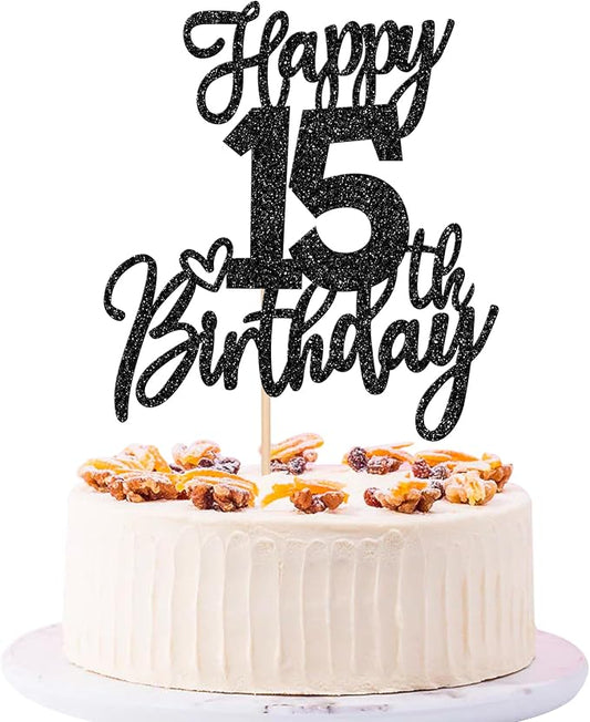 1 PCS Happy 15th Birthday Cake Topper Glitter Cheers to 15 Years Birthday Cake Pick Sweet 15 Fabulous Cake Decoration for Happy 15th Birthday Anniversary Theme Party Decorations Supplies Black