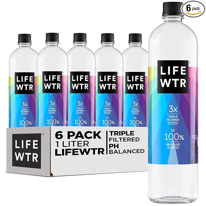 LIFEWTR Premium Purified Water, pH Balanced with Electrolytes, 100% recycled plastic bottles, 33.8 Fl Oz, 1L (Pack of 6)