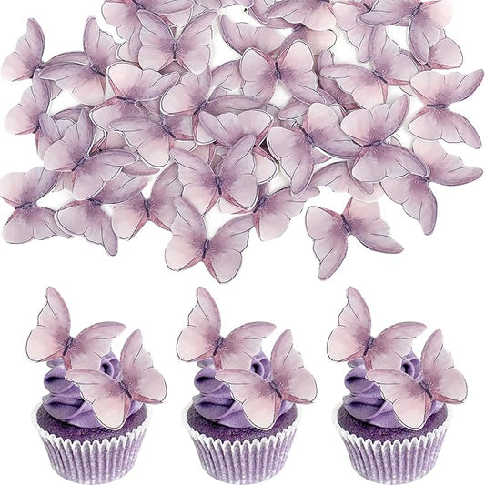 48PCS Edible Cupcake Toppers - Butterflies Cake Decoration - Edible Butterfly Cupcake Picks for Wedding, Bridal Shower, Baby Shower, Birthday Party - Purple