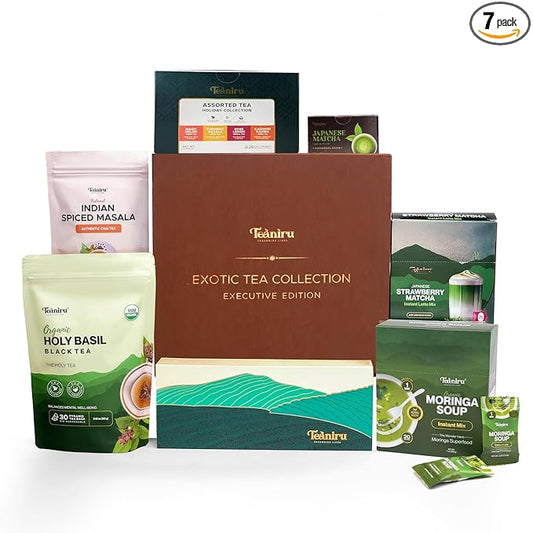Teaniru, Exotic Collection-Christmas Gift Box | Holiday Flavored Teas, Moringa Soup, Strawberry Matcha Latte, Spiced Masala Chai, Assorted Loose Leaf Teas, Holy Basil Tea & Ceremonial Matcha