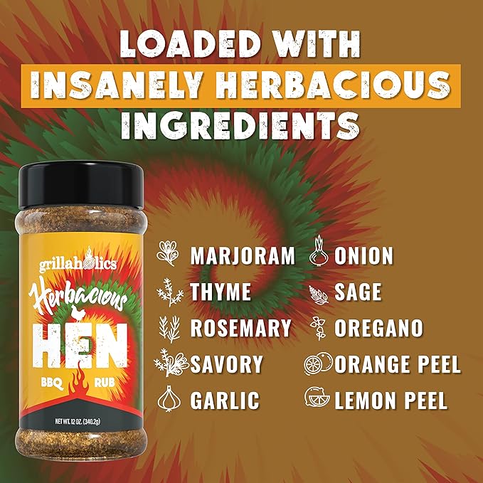 Grillaholics Herbacious Hen Poultry Seasoning - Herb & Garlic Chicken Rub for Smoked, Roasted, Fried & Grilled Poultry with 24+ Herbs & Spices - Try it on Chicken, Turkey, Prime Rib & More