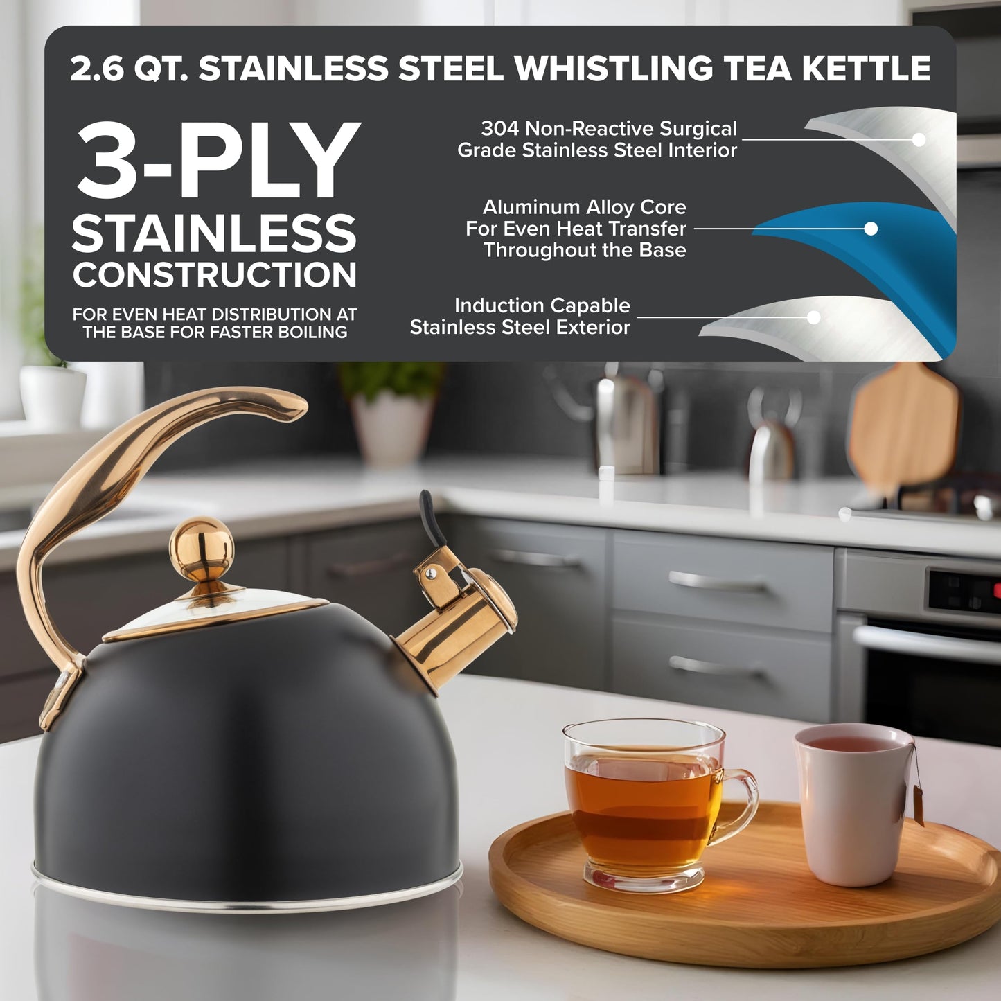 Viking 3-Ply Stainless Steel Tea Kettle, 2.6 Quart Stovetop Hot Water Pot with Tempered Glass Lid
