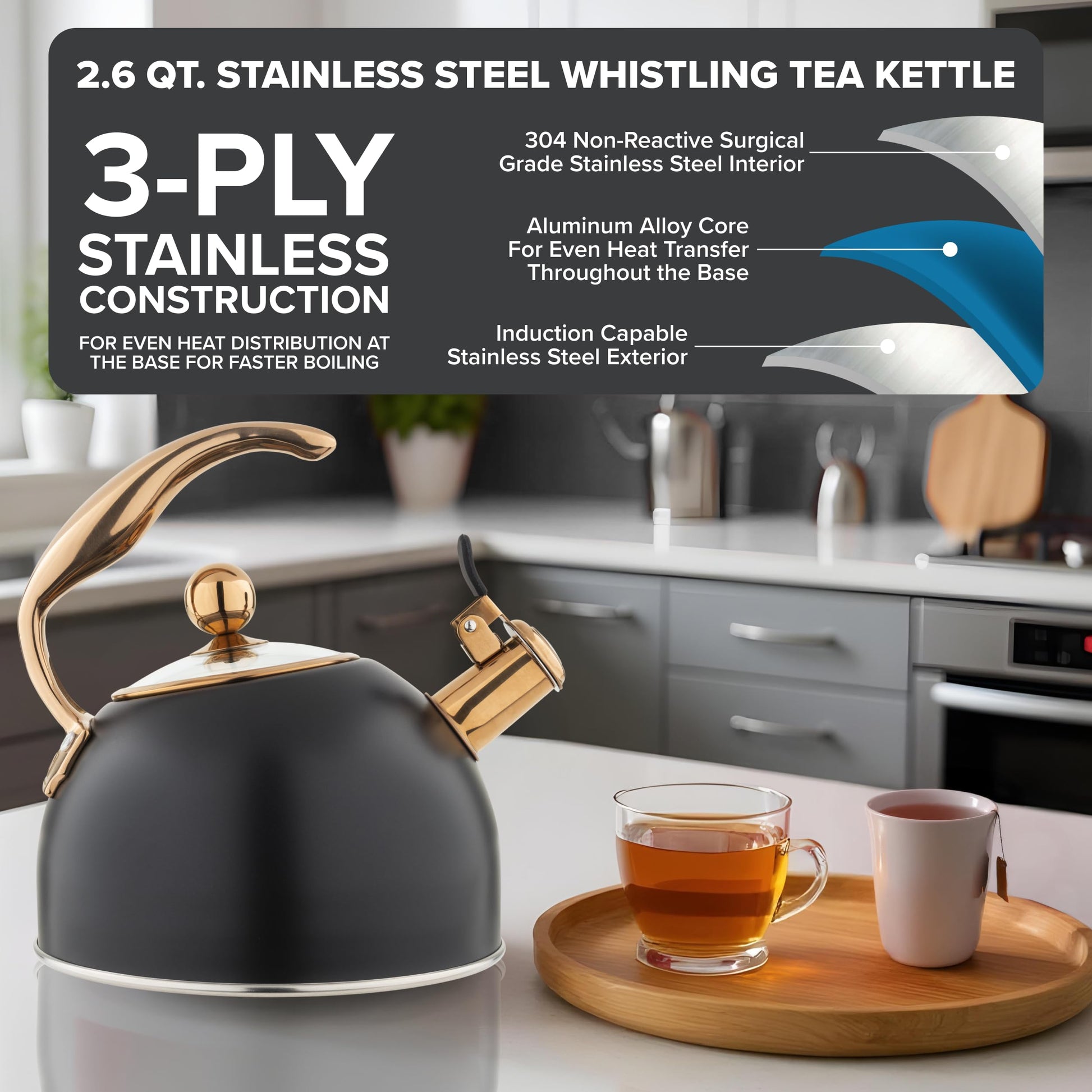 Viking 3-Ply Stainless Steel Tea Kettle, 2.6 Quart Stovetop Hot Water Pot with Tempered Glass Lid