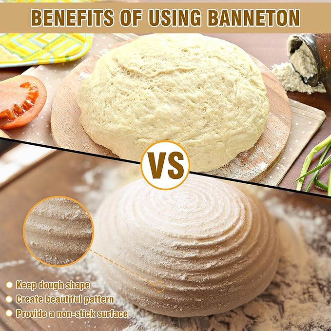 Banneton Bread Proofing Basket Set of 2, 9 Inch Round Sourdough Basket with Liners, Handmade Rattan Dough Proofing Bowl for Artisan Bread Making, Ideal for Bakers (Round 9 inch set 2 Pcs)