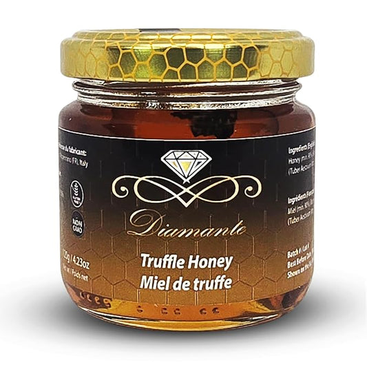 Diamante Italy Truffle Honey - Italian Luxurious Gourmet Flavored Honey with 3% Black Truffle - Ideal for Charcuterie Board & Cheese Plate - Non GMO & Made in Italy - 120g