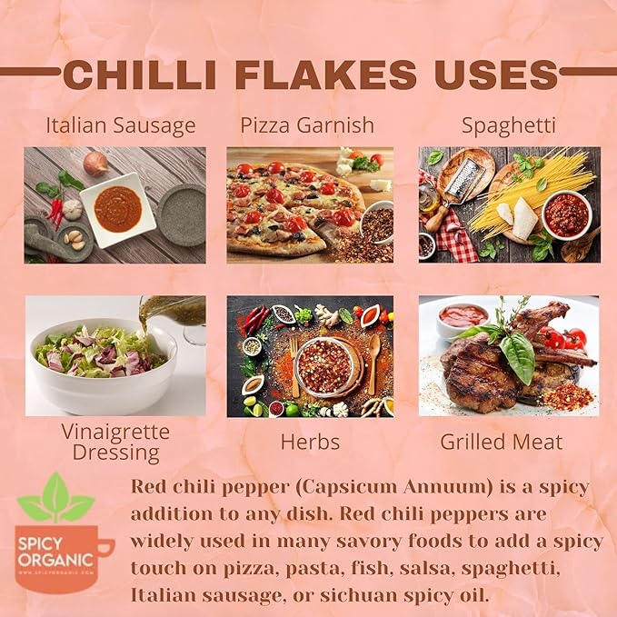 SPICY ORGANIC Crushed Red Pepper Flakes 4 oz. - Robust Chili Peppers Seasoning Spice - USDA Organic, Kosher, Non-GMO- Ideal for Pizza, Pastas, Salads, Sauces, Stews, Marinades and Pickled Vegetables