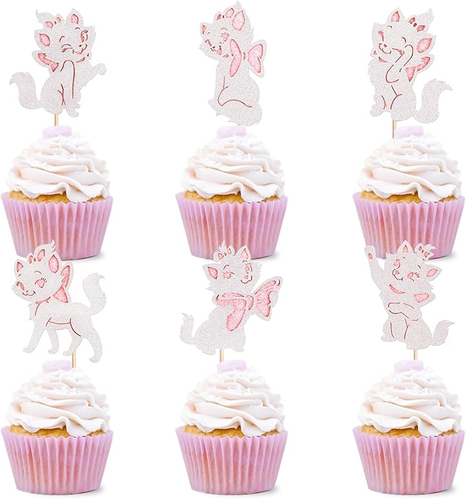 24PCS Cat Cupcake Toppers Shiny Pink Cat Baby Shower Cupcake Selection Cute Cat Theme Princess Theme Bridal Shower Wedding Anniversary Party Decoration Pink