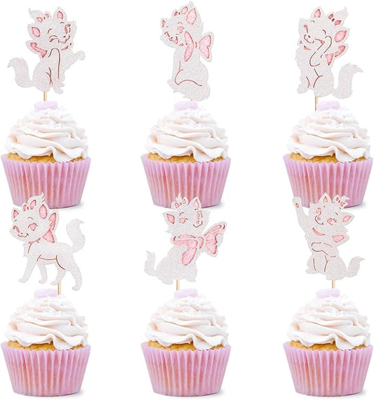 24PCS Cat Cupcake Toppers Shiny Pink Cat Baby Shower Cupcake Selection Cute Cat Theme Princess Theme Bridal Shower Wedding Anniversary Party Decoration Pink