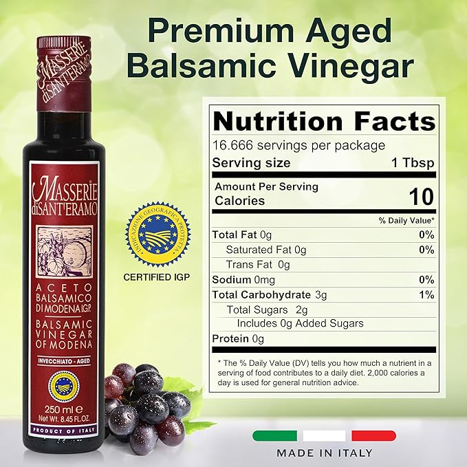 Italian Aged Balsamic Vinegar of Modena, Made in Italy, Aceto Balsamico di Modena IGP - Masserie di Sant'Eramo - 8.45 Fl Oz (Pack 6)