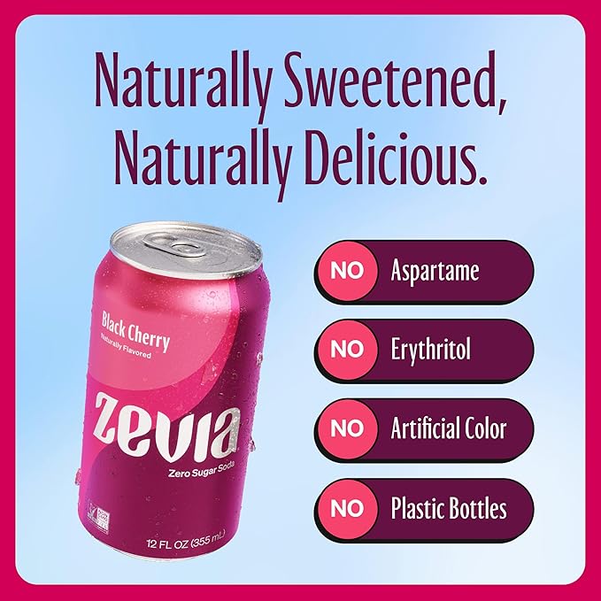 Zevia Zero Sugar Soda, Black Cherry, 12 oz Cans (8-Pack) ??Naturally Sweetened, Non-GMO Project Verified, Gluten-Free, Vegan