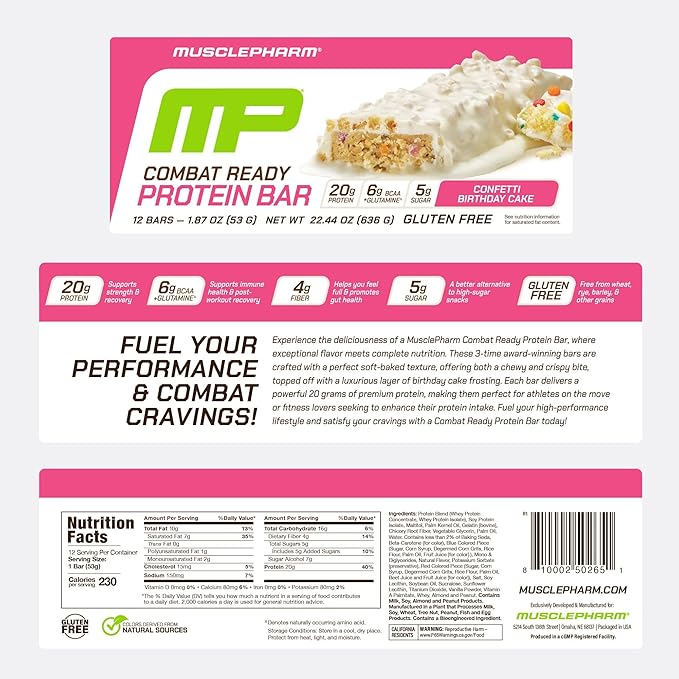 MusclePharm Combat Ready Protein Bar, Confetti Cake High Protein Bars, Combat Cravings, Fuel Performance & Meet Energy Demands, 20g Protein from Whey Protein, 4g Fiber, Gluten Free, 12 Bars