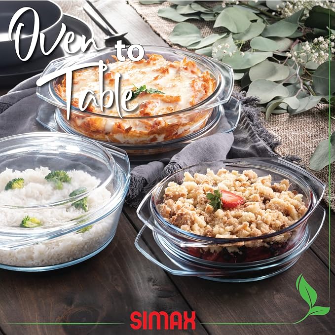 Simax Casserole Dish Set, Set of 3 Casserole Dish with Lid, Round Glass Cookware, Borosilicate Glass, Made In Europe 0.75 Quart, 1 Quart and 1.5 Quart Baking Dishes??,<div>