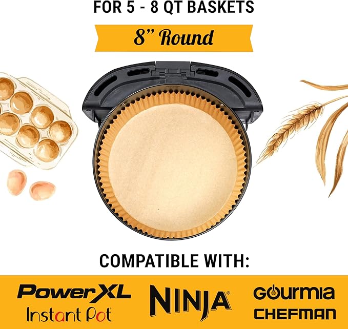 Air Fryer Liners for Ninja, 125 Pcs Round Disposable Airfryer Paper Liners ??Non-Stick and Oil Proof for Easy Cleanup, Great for Oven, Pans & Baking ??8 Inch for 5-8 qt Basket by Baker's Signature