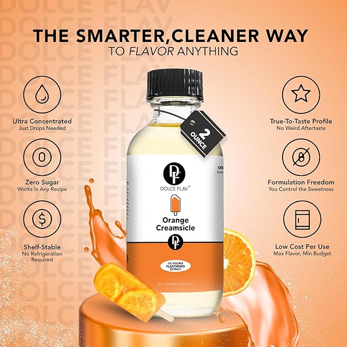 Dolce Flav Orange Creamsicle Extract - 2 Ounce Oil-Soluble Multipurpose Flavoring Ideal for Candy Making, Baking, Lip Balm, and Ice Cream - Perfect Kitchen Gift for Holidays