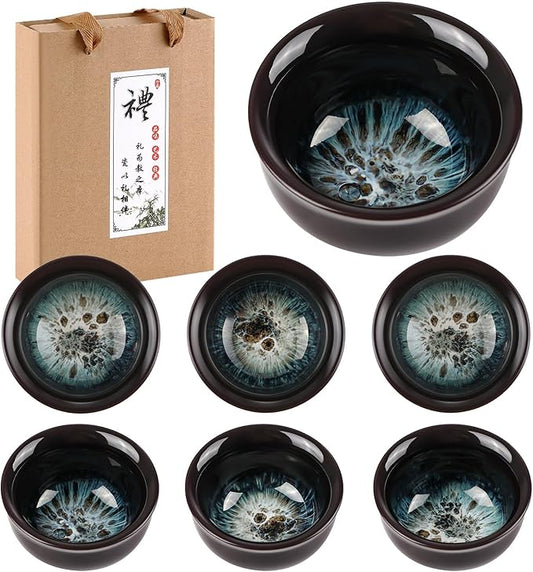 Skyley 6 Pieces Korean Soju Shot Glasses Sets Porcelain Cups Korean Ceramic Cups Tea Accessories Drinkware, Handcrafted Ceramic(Dark Brown,Sand Gold Pattern)