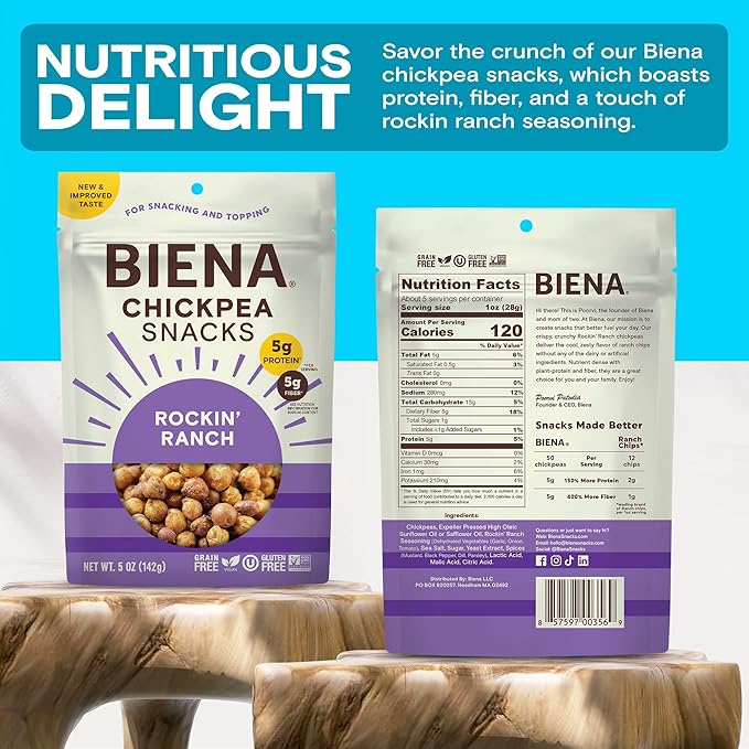 BIENA Chickpea Snacks - Crunchy Roasted Chickpeas - High Fiber Vegan Protein Snacks for Adults and Kids - 4-Pack, 5 Ounce Bags - Rockin??Ranch